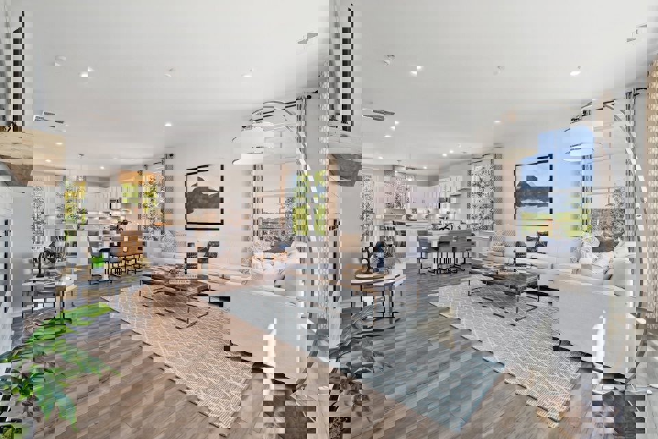 A living room with a wood floor.