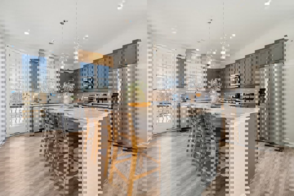 A kitchen with a large island.