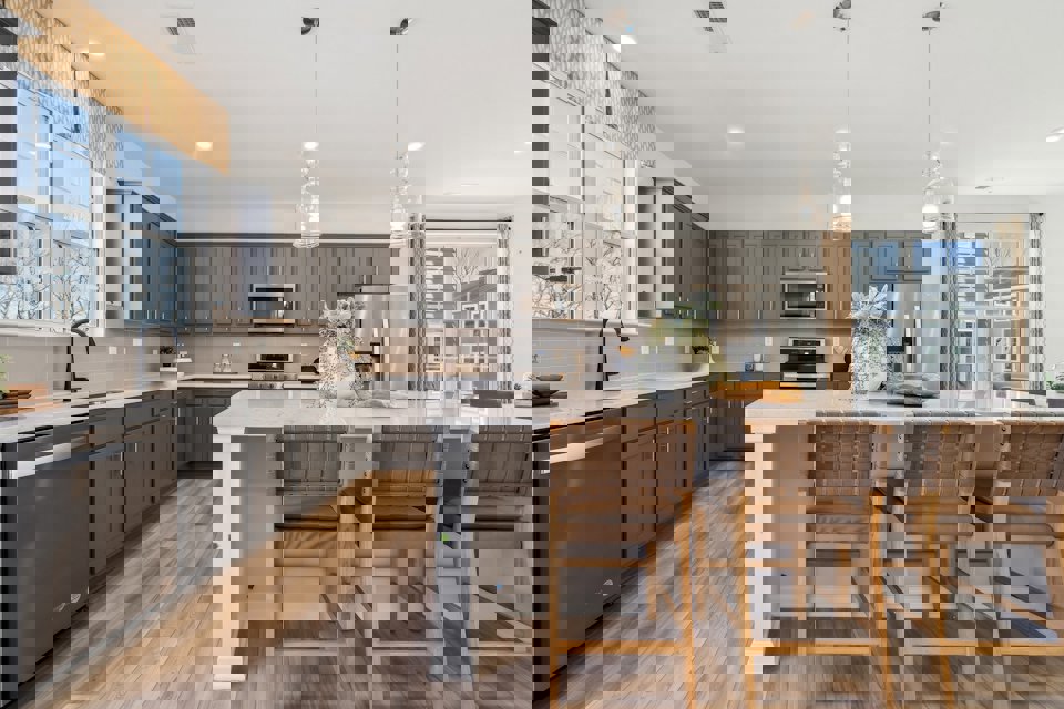 A kitchen with a large island.