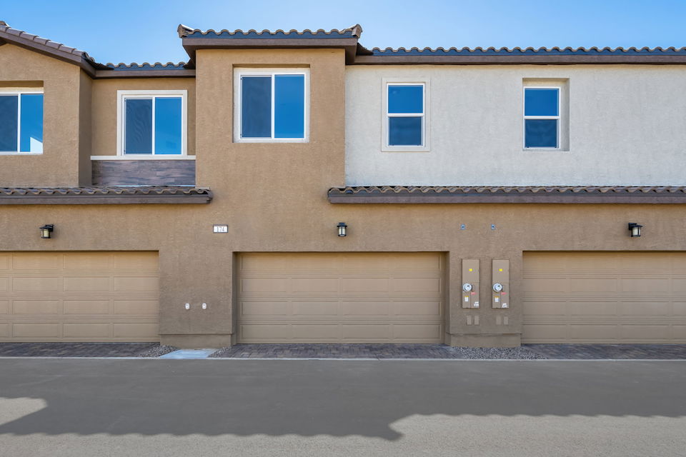 A building with a garage.