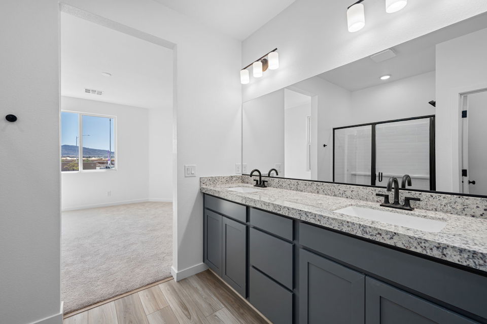A bathroom with a marble countertop.
