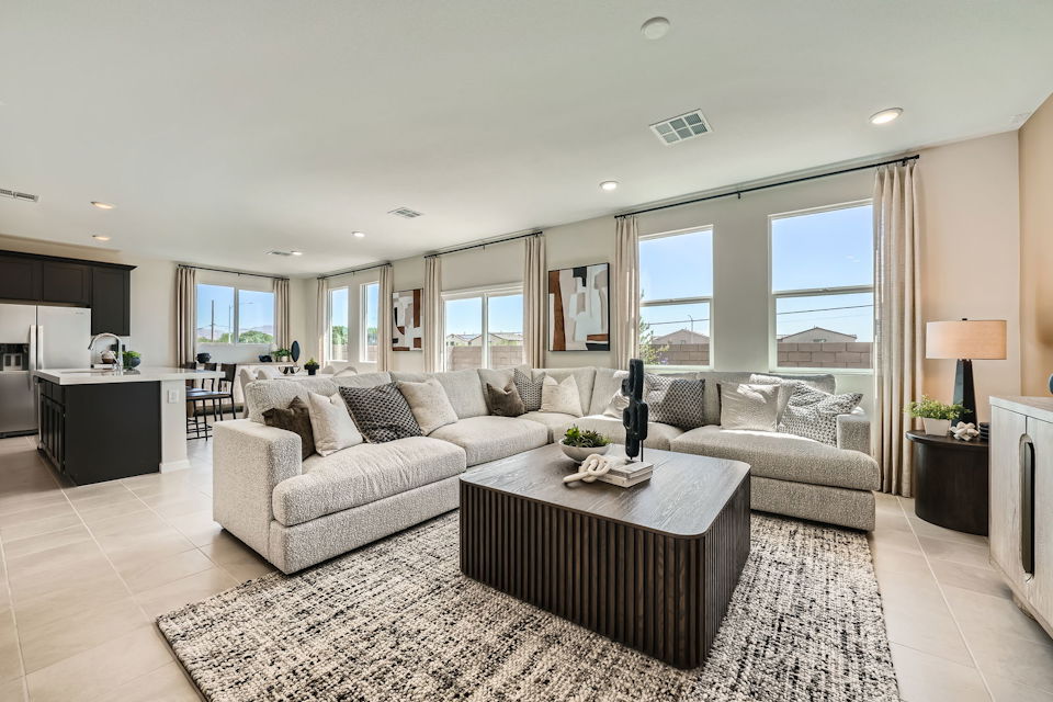 A living room with a large window.