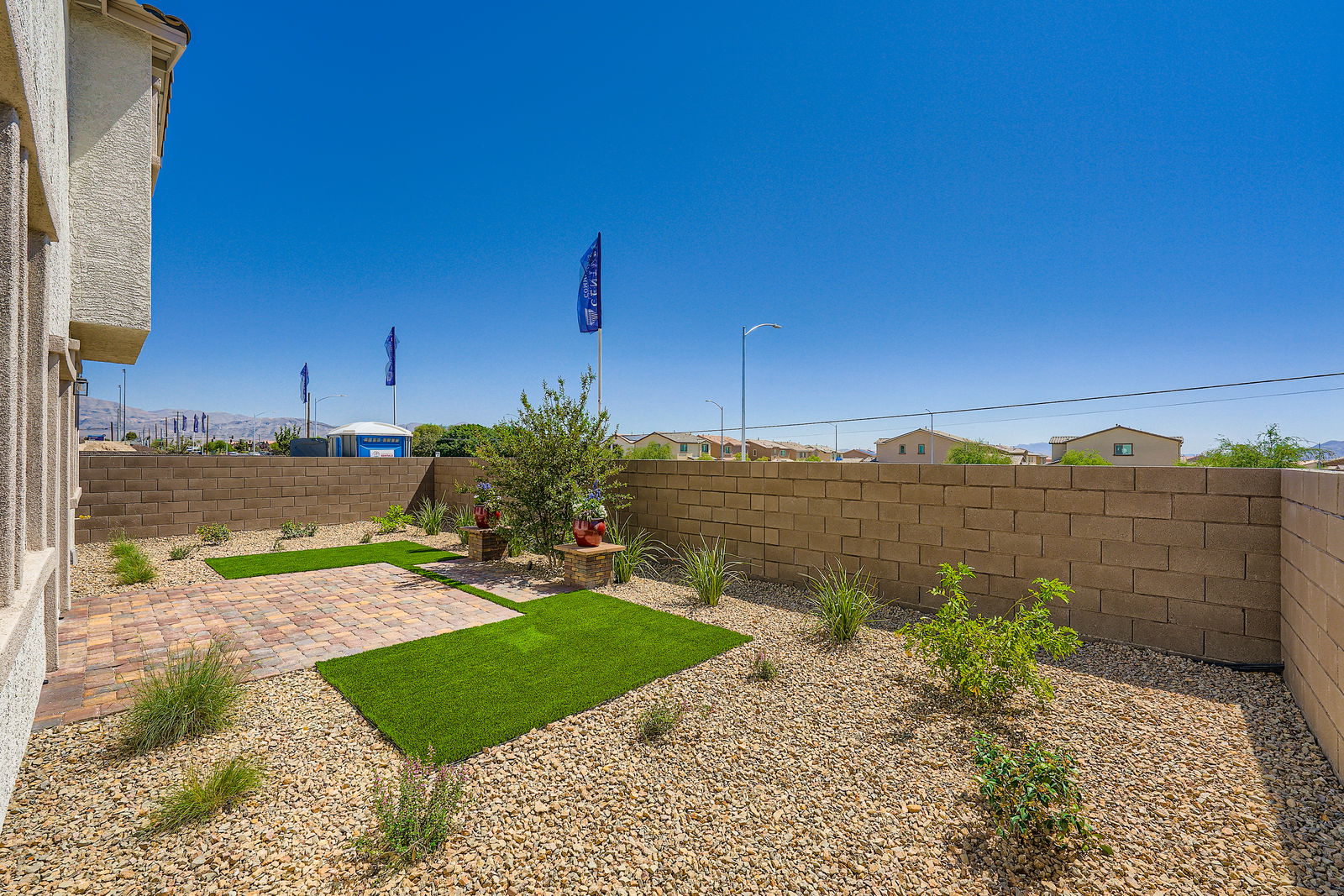 A small courtyard with a flag.