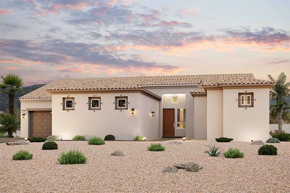 A house with a gravel driveway.