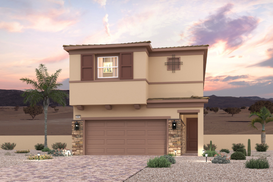 A house with a garage and palm trees.