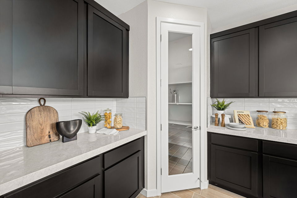 A kitchen with black cabinets.