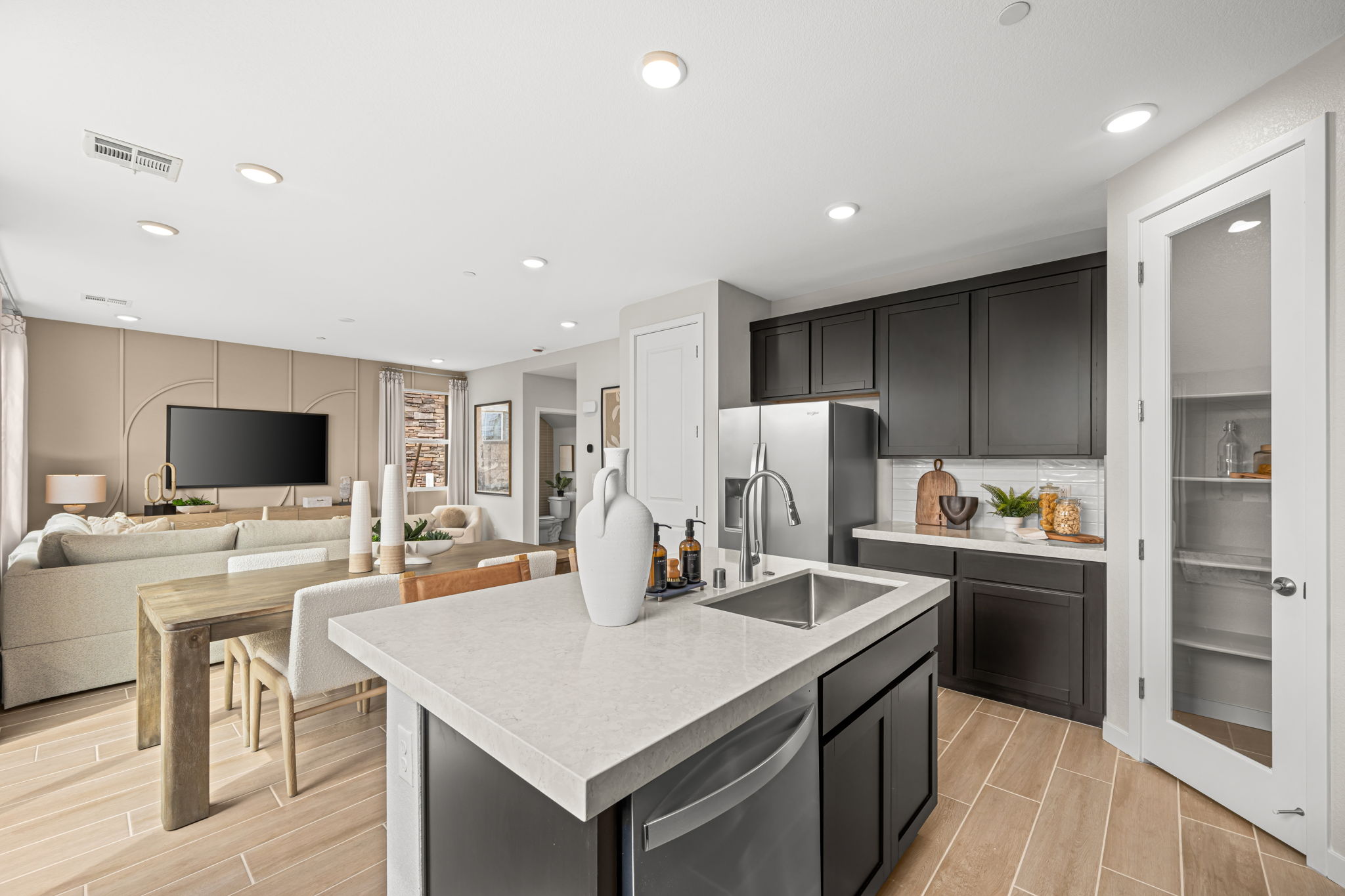 A kitchen with a large island.