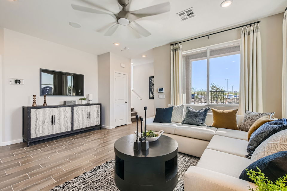 A living room with a fireplace.