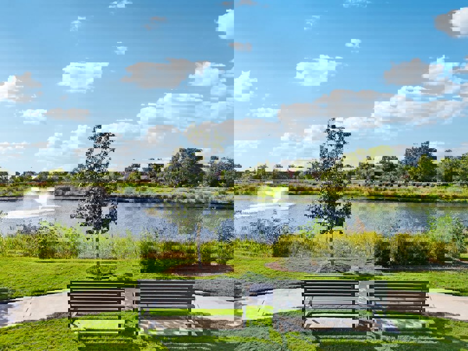 Benches in front of a lake.