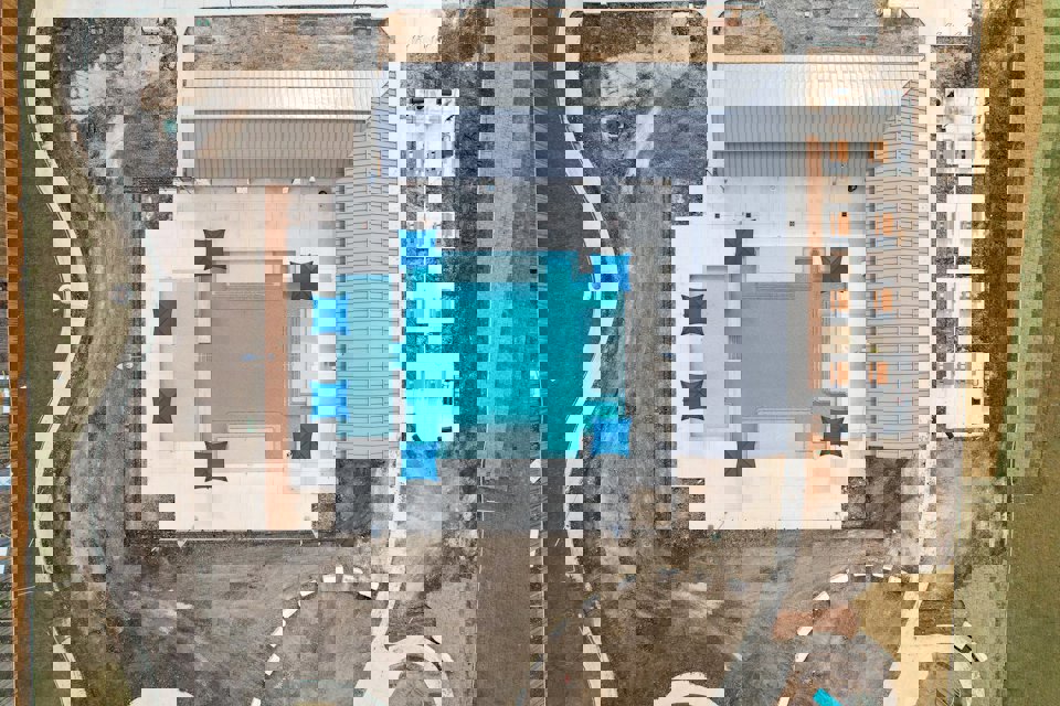 A building with a blue door.