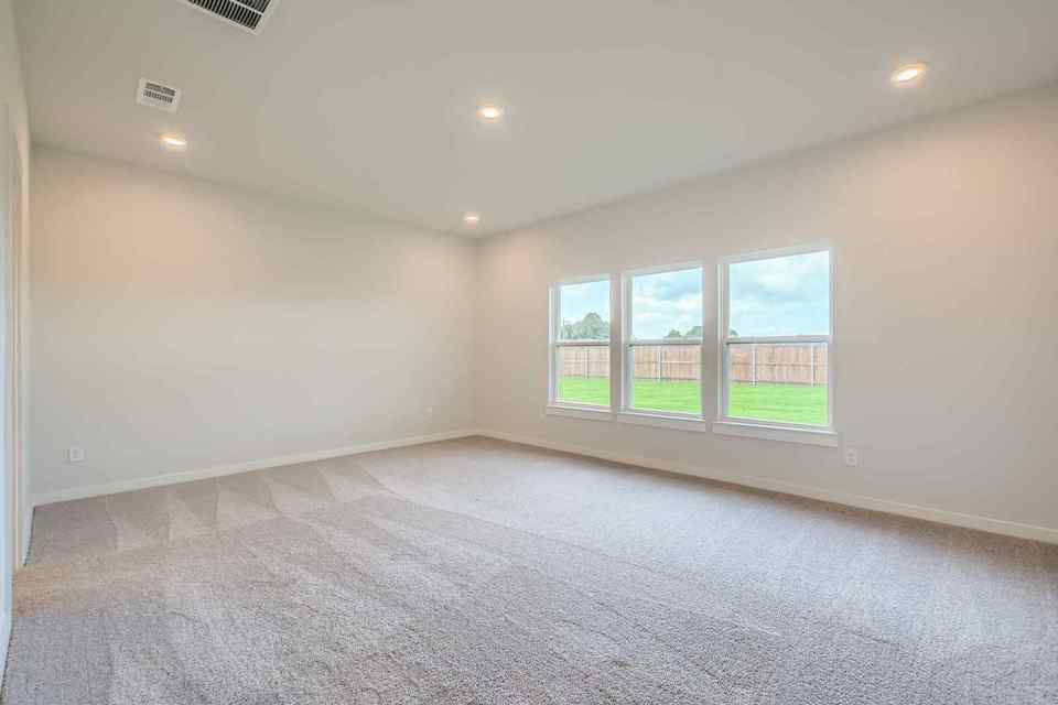 A room with a carpet and windows.