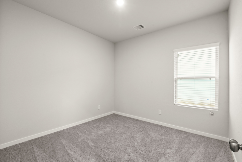 A room with a carpet and a window.