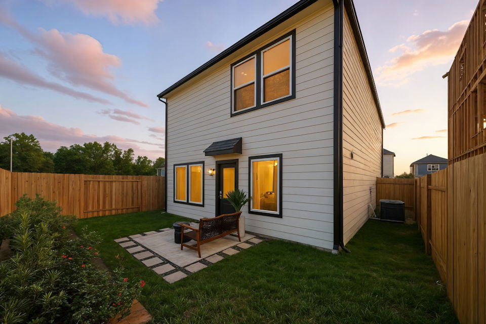 A house with a fence and a yard with a bench and a fence.