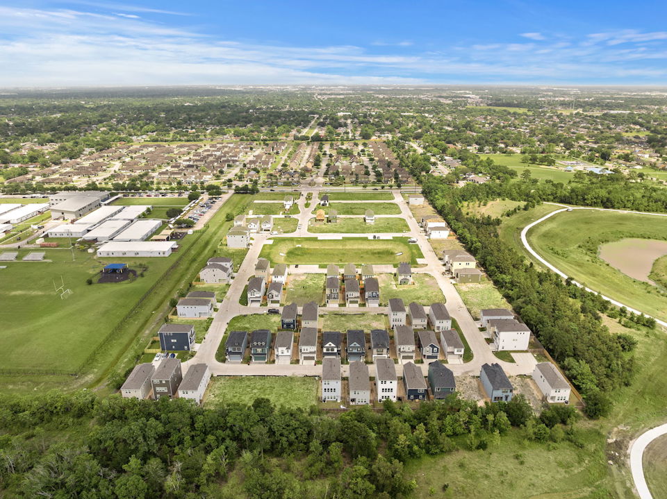 An aerial view of a town.