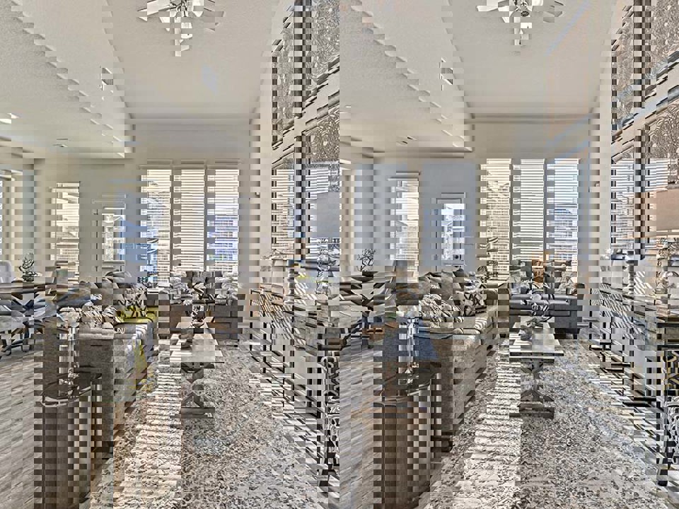 A living room with a couch and coffee table.