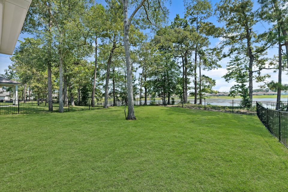 A grassy area with trees in the back.
