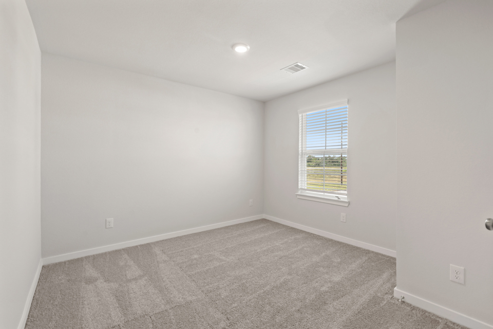 A room with a carpet and windows.
