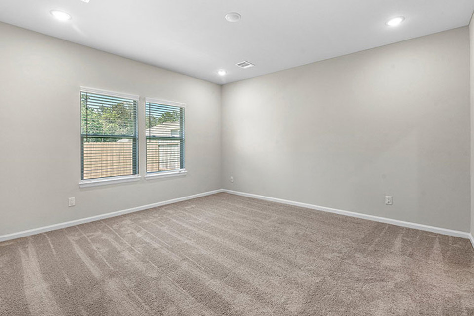 A room with a carpet and windows.