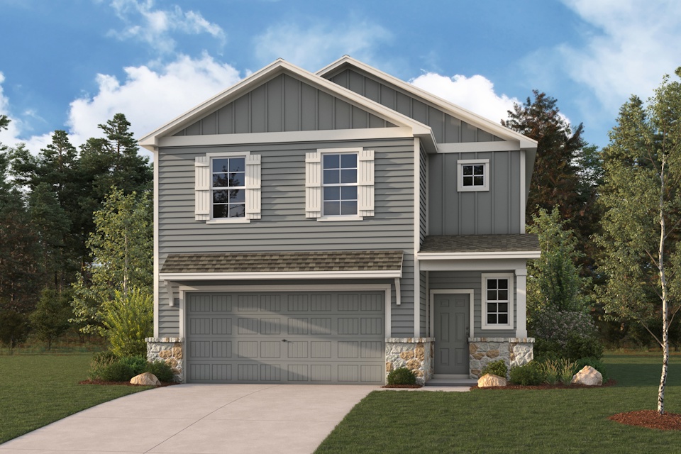 A grey house with a garage.