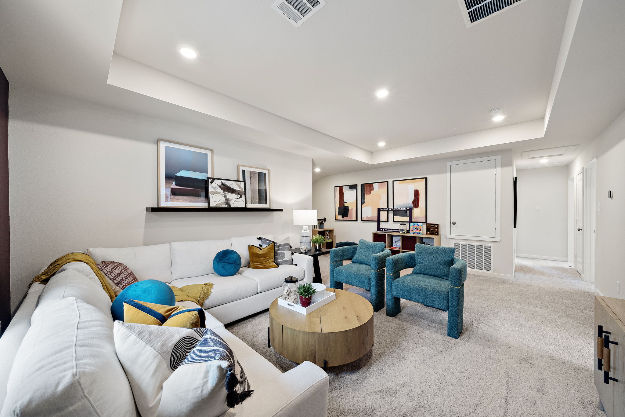 A living room with a couch and a coffee table.