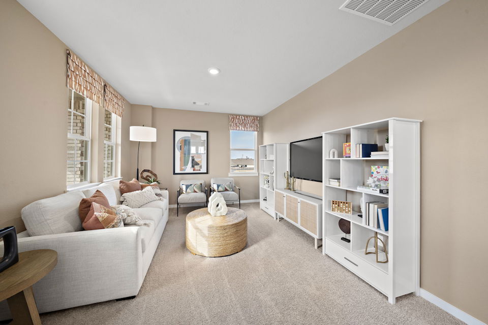 A living room with a white couch and a white bookcase.