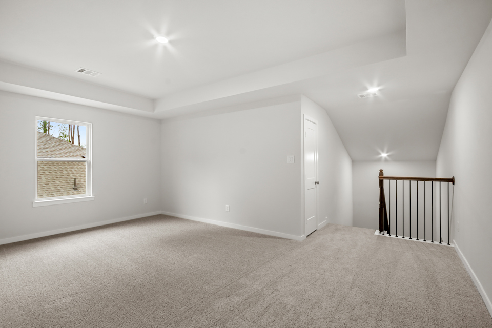 A room with a carpet and a railing.