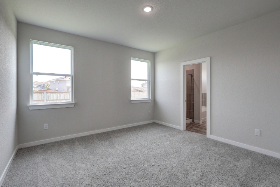 A room with a carpet and windows.