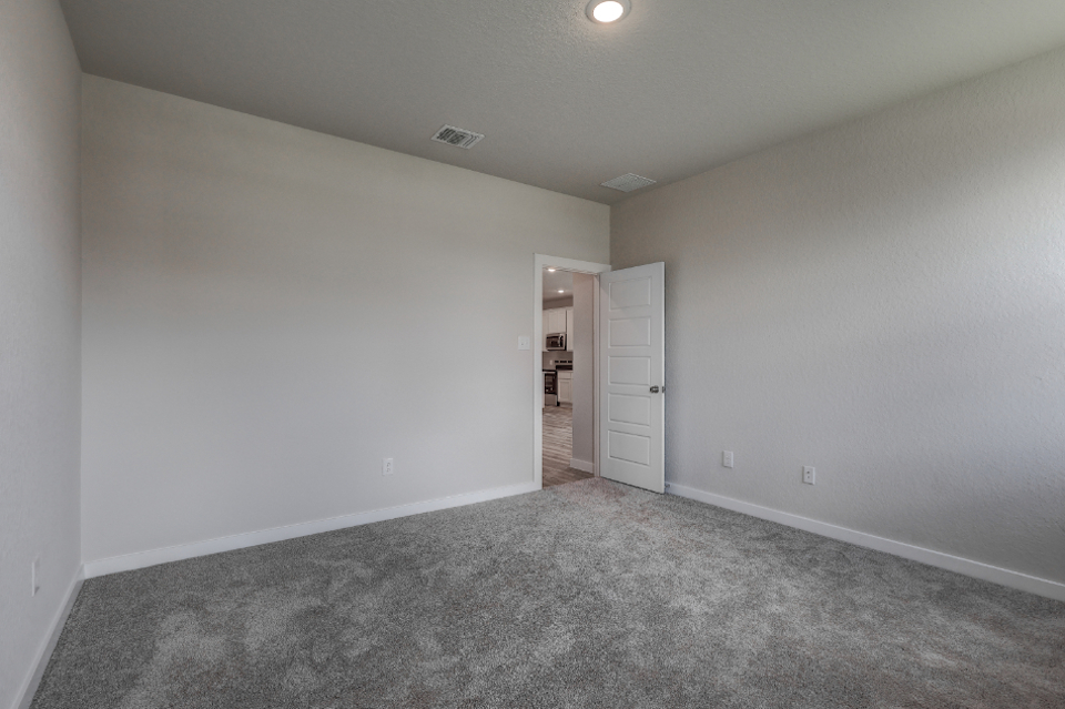 A room with a carpet and a door.