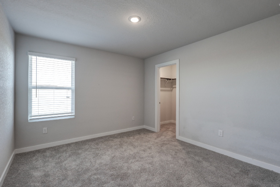 A room with a carpet and a window.