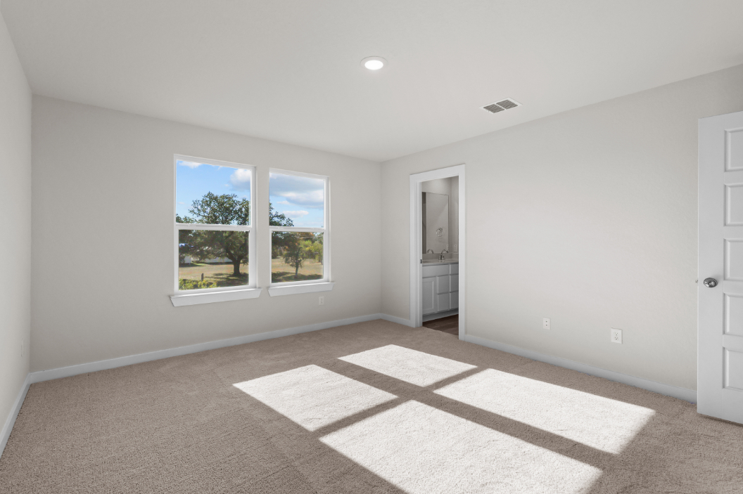 A room with a rug and a window.