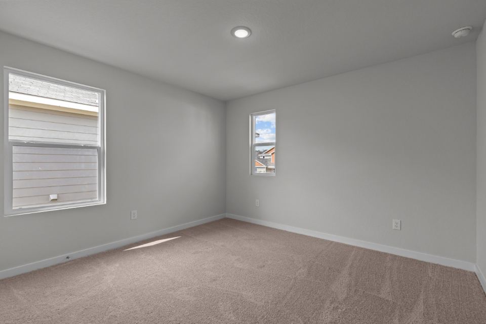 A room with a carpet and windows.