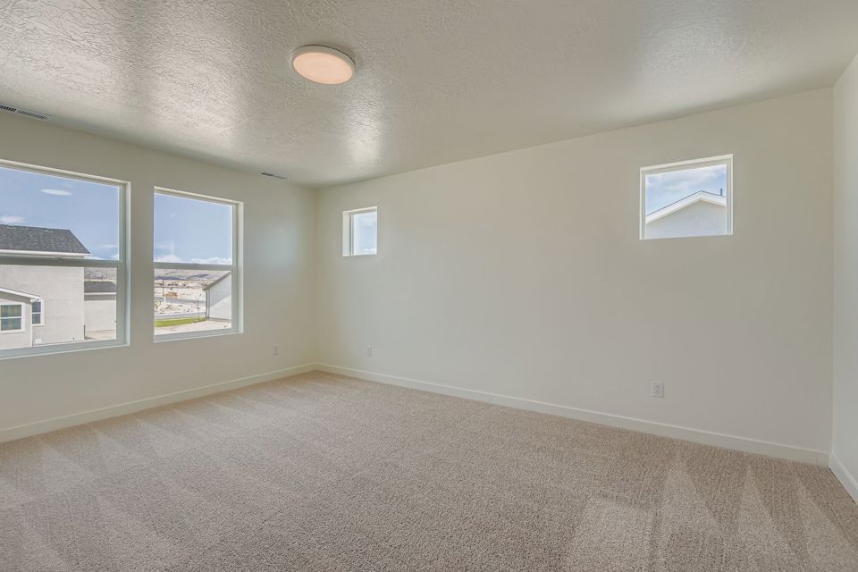 A room with a carpet and windows.