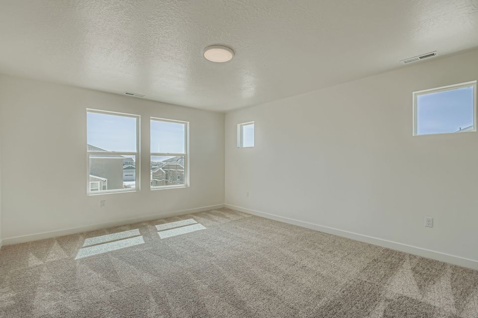 A room with a carpet and windows.