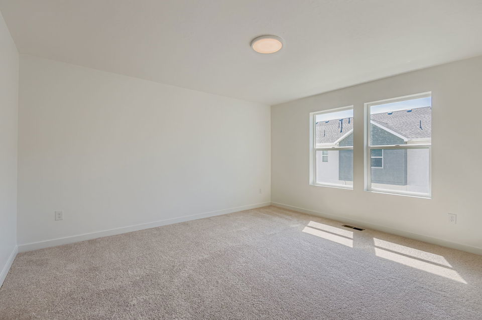 A room with a carpet and windows.