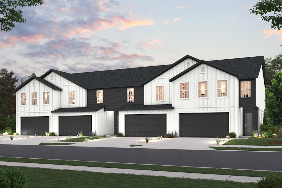 A large house with garages.