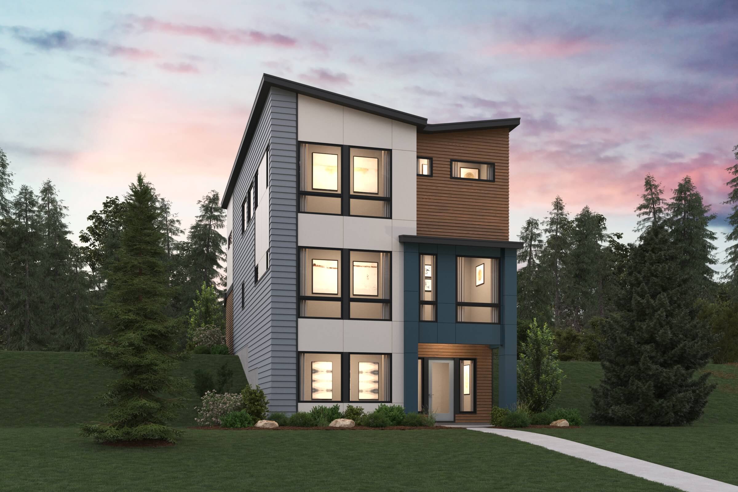 A house with trees around it.