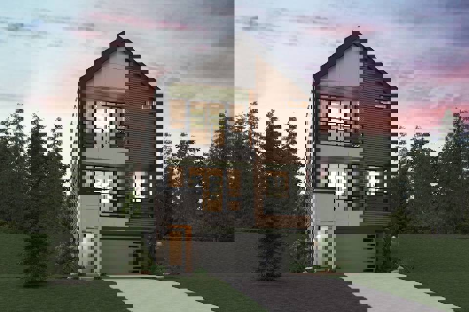 A house with trees around it.