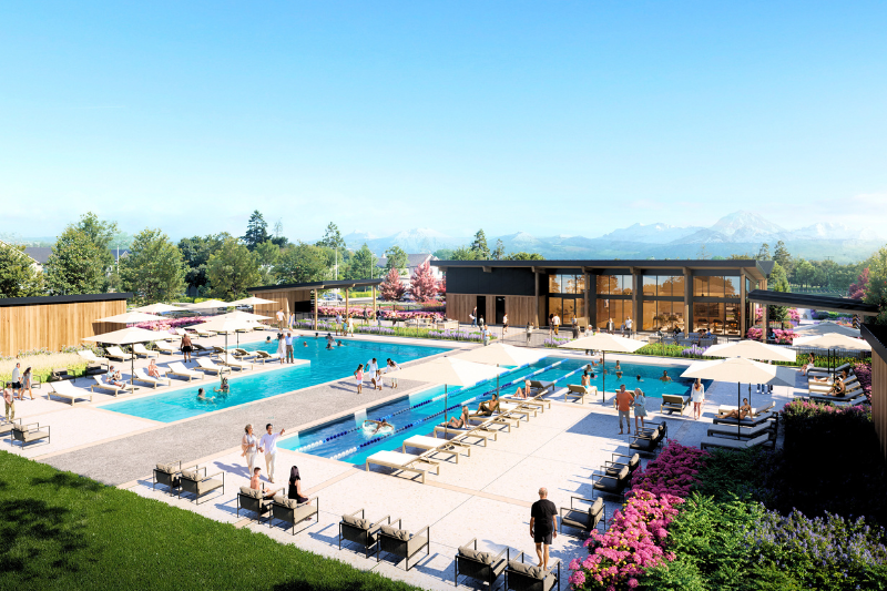 A swimming pool with people around it.