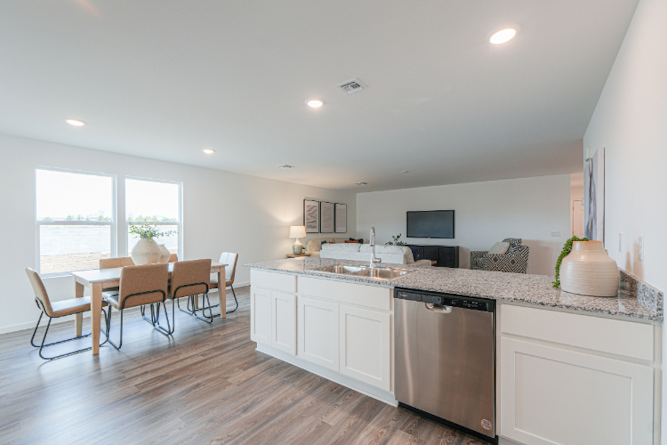 A kitchen with a large island.