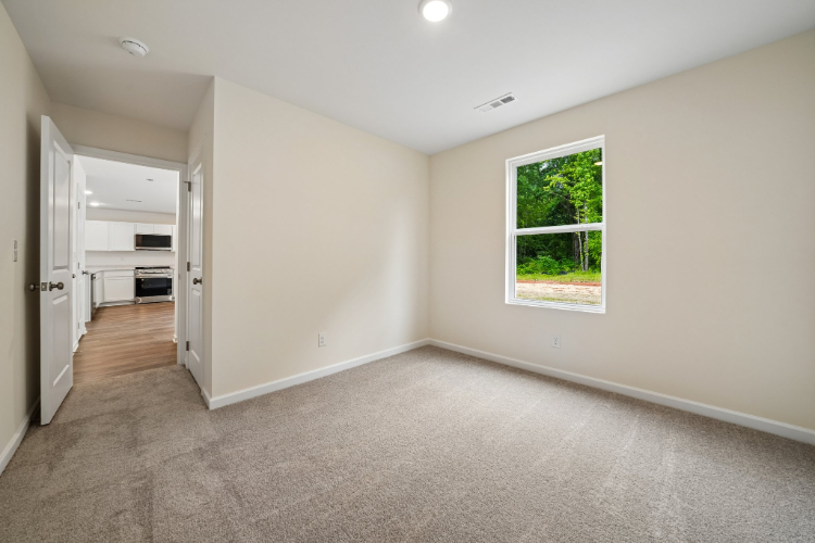 A room with a carpet and a window.