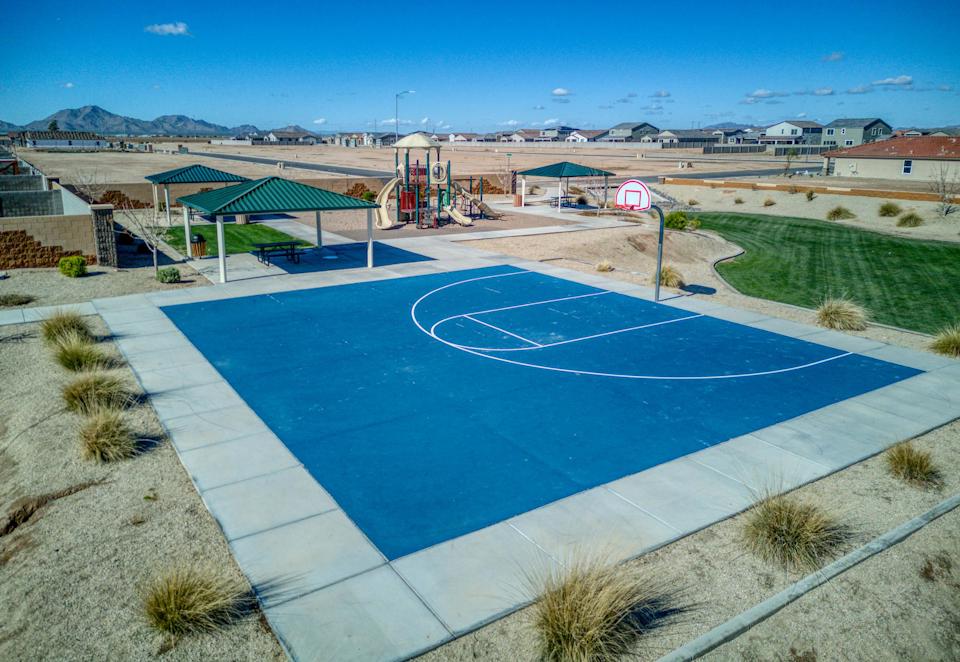 A swimming pool in a desert.