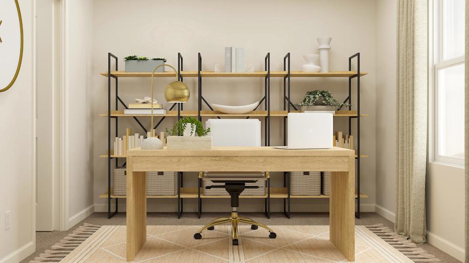 A table with a stool and shelves.