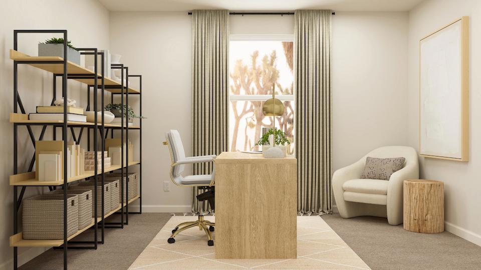 A room with a shelf and chairs.