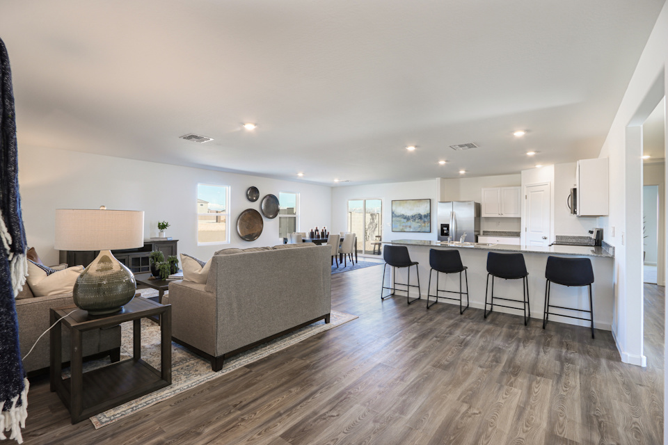 A large living room with a dining table and couches.
