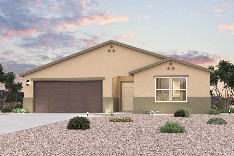 A house with a gravel driveway.