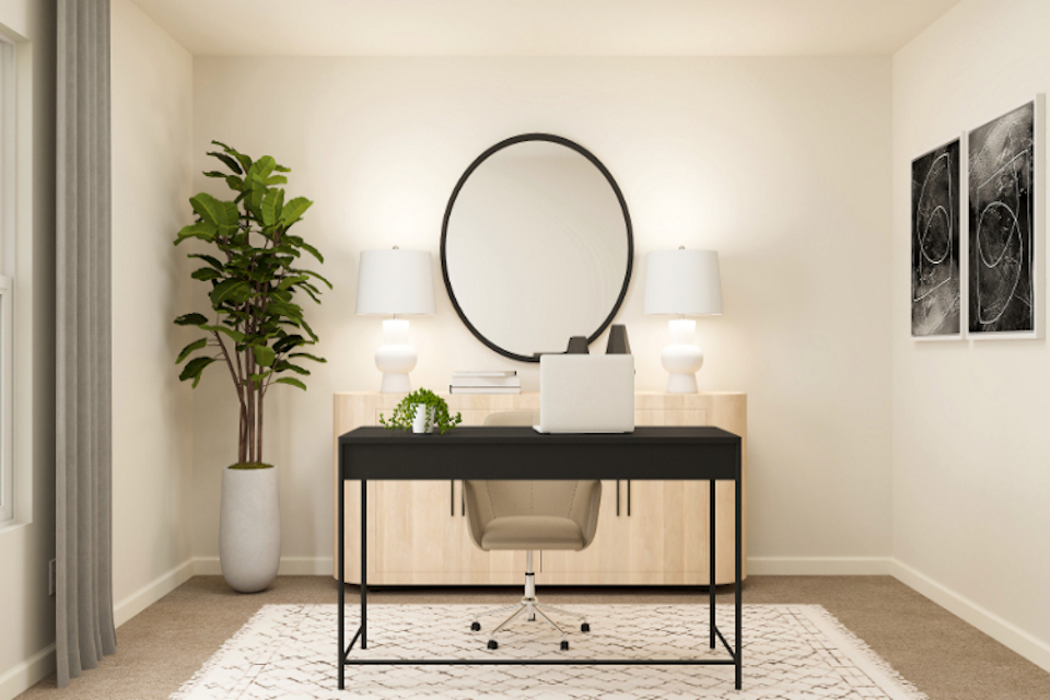 A black table with white lamps.