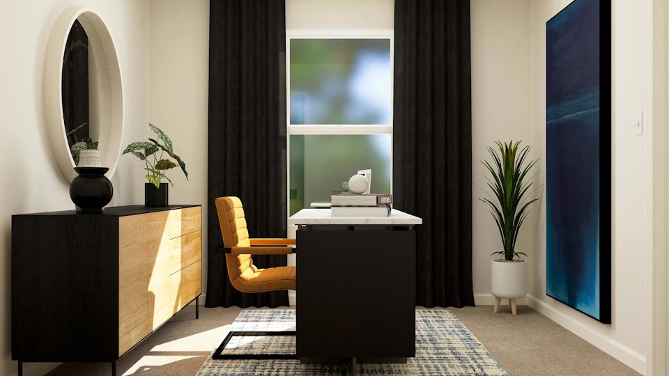 A room with a desk and chairs.