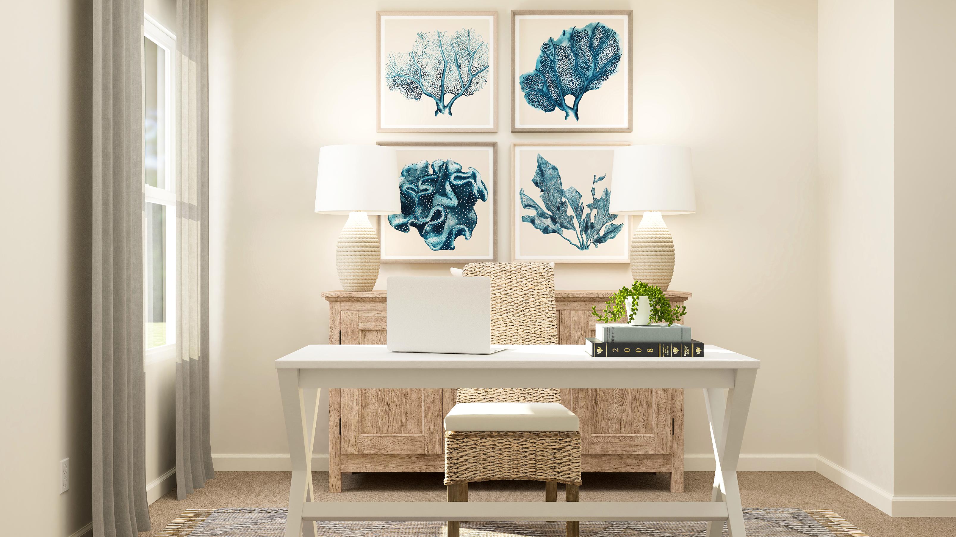 A table with a lamp and a mirror on it.