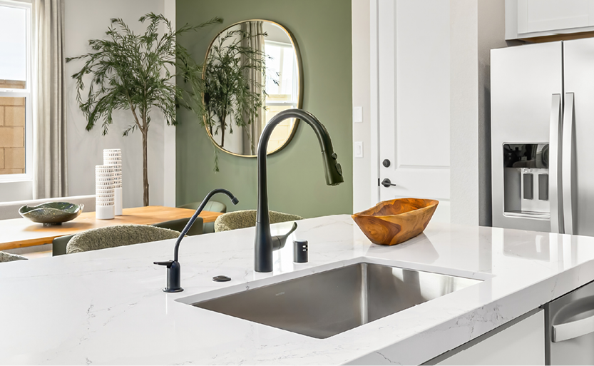 A kitchen sink with a mirror.