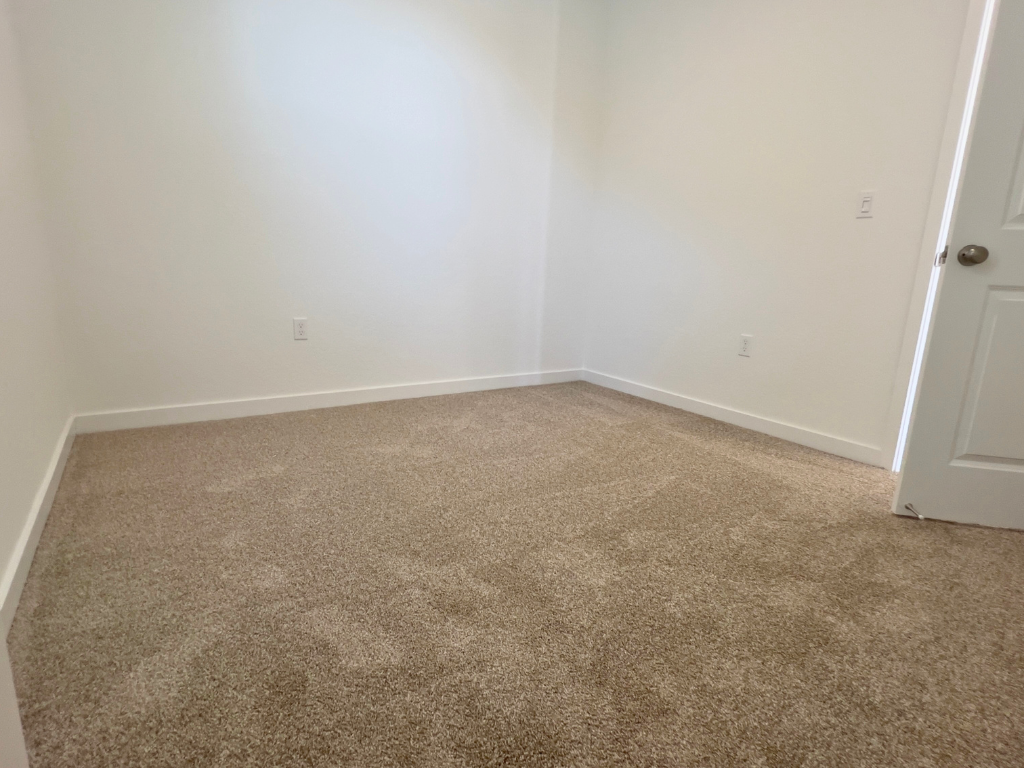A carpeted room with a white door and a white wall.